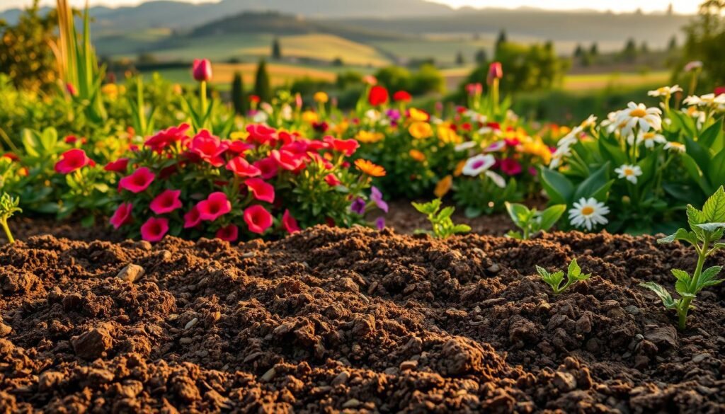 A lush, verdant garden landscape with a focus on the soil and location. In the foreground, rich, loamy soil is visible, teeming with organic matter and tiny earthworms. The middle ground showcases a variety of thriving, colorful blooms - vibrant reds, purples, yellows, and whites - highlighting the importance of selecting plants suited to the garden's unique conditions. In the background, a picturesque setting with rolling hills, a distant treeline, and a warm, golden hour glow illuminates the scene, creating a serene and inviting atmosphere. The lighting is soft and diffused, casting gentle shadows and highlighting the textural details of the soil and plants. Captured with a wide-angle lens to encompass the entirety of the garden's layout and composition.