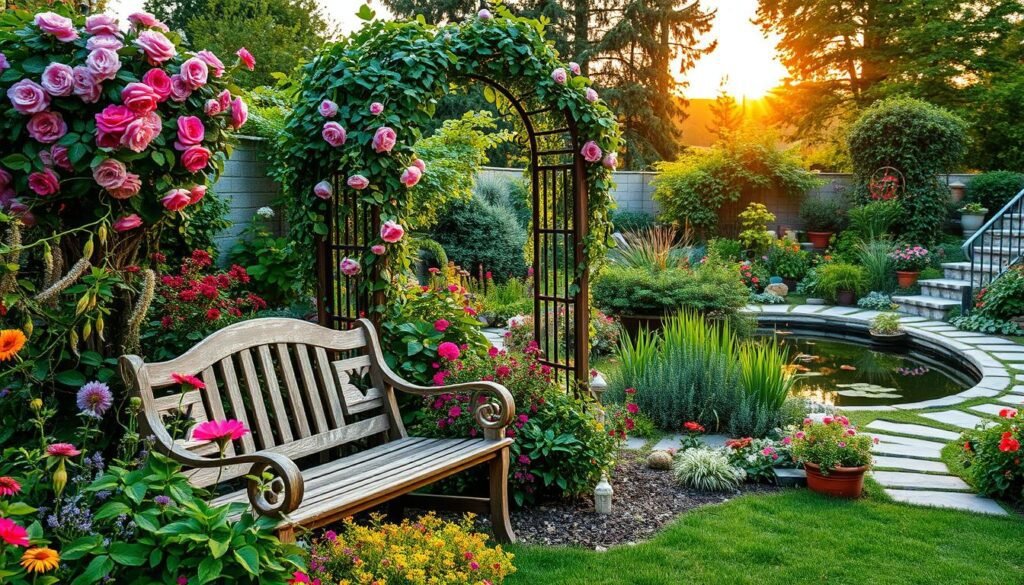 A lush, verdant garden oasis filled with a harmonious blend of vibrant flora and whimsical outdoor decor. In the foreground, a charming weathered wooden bench sits amidst a tapestry of colorful blooming perennials and cascading vines. The middle ground showcases an ornate wrought-iron garden arch draped with fragrant climbing roses, casting a romantic, vintage-inspired ambiance. In the background, a tranquil koi pond reflects the warm, soft lighting of the setting sun, surrounded by a carefully curated arrangement of potted plants and stone pathways winding through the serene landscape. The overall scene exudes a sense of natural beauty, inviting relaxation and inspiration for creative outdoor living.
