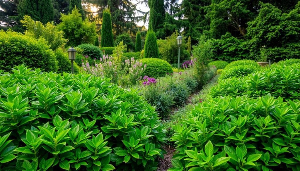 A lush, verdant garden oasis filled with an array of evergreen plants. In the foreground, a vibrant tapestry of dense, glossy-leaved shrubs in shades of deep green and rich emerald, their foliage glistening under the soft, warm light of the sun. In the middle ground, a mix of textured perennials and ferns, creating a harmonious interplay of shapes and textures. The background features a backdrop of towering, stately evergreen trees, their branches reaching up towards the sky, casting gentle shadows across the scene. The overall atmosphere is one of tranquility, peace, and the eternal beauty of nature's evergreen embrace.