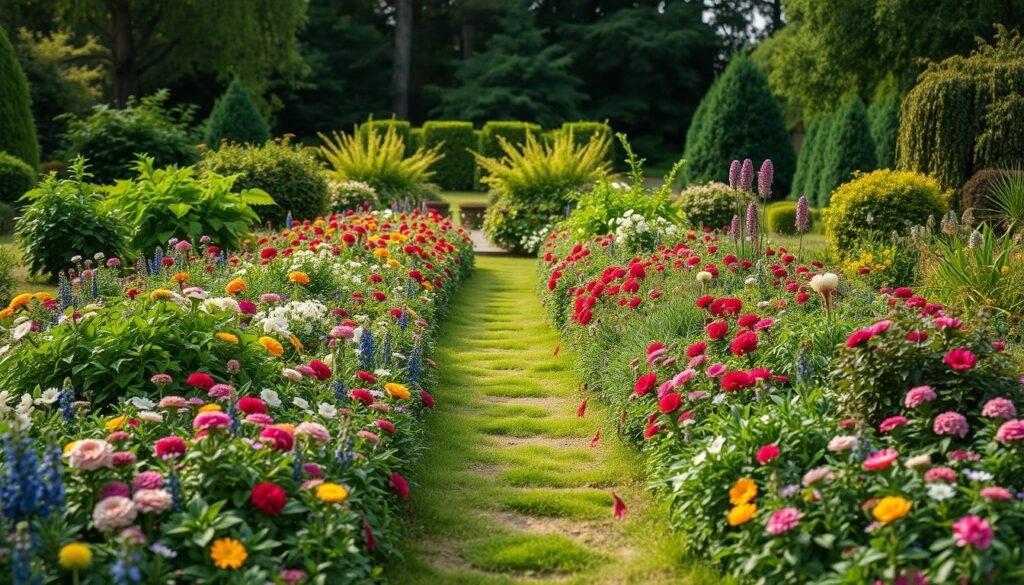 A lush, verdant garden scene in soft, natural lighting. In the foreground, a meticulously planned perennial flower bed comes to life, with vibrant blooms and cascading greenery arranged in a harmonious, artistic layout. The middle ground features a well-tended pathway leading through the bed, inviting the viewer to step in and explore. In the background, a backdrop of mature trees and shrubs provides a serene, woodland-inspired setting. The overall composition conveys a sense of tranquility, balance, and the effortless beauty of a professionally designed perennial border.