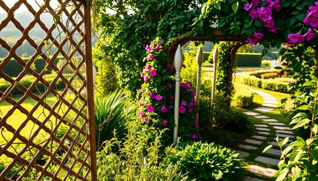 A lush, verdant garden scene showcasing a variety of climbing plants and their support structures. In the foreground, delicate vines and tendrils wind their way up an ornate lattice trellis, their foliage cascading gracefully. In the middle ground, a trio of tall, slender obelisks provide a sturdy framework for vibrant flowering climbers, their blossoms adding splashes of color. The background features a gentle, softly-lit vista of a serene garden landscape, with a hint of a winding pathway leading the eye deeper into the scene. The lighting is warm and natural, casting a golden glow that enhances the organic textures and verdant hues. Captured with a wide-angle lens to emphasize the depth and lushness of the composition. A lush, verdant garden scene showcasing a variety of climbing plants and their support structures. In the foreground, delicate vines and tendrils wind their way up an ornate lattice trellis, their foliage cascading gracefully. In the middle ground, a trio of tall, slender obelisks provide a sturdy framework for vibrant flowering climbers, their blossoms adding splashes of color. The background features a gentle, softly-lit vista of a serene garden landscape, with a hint of a winding pathway leading the eye deeper into the scene. The lighting is warm and natural, casting a golden glow that enhances the organic textures and verdant hues. Captured with a wide-angle lens to emphasize the depth and lushness of the composition.