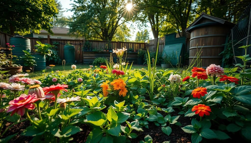 A lush, verdant garden scene showcasing sustainable plant care. In the foreground, a thriving bed of vibrant, diverse flora - blooming flowers, lush foliage, and healthy soil. Sunlight filters through the canopy of trees in the middle ground, casting a warm, natural glow. In the background, a compost bin and rain barrels hint at eco-friendly gardening practices. The scene exudes a sense of harmony and balance, with each element working in tandem to create a sustainable, flourishing oasis. The overall composition is captured with a wide-angle lens, highlighting the depth and tranquility of this carefully tended garden.