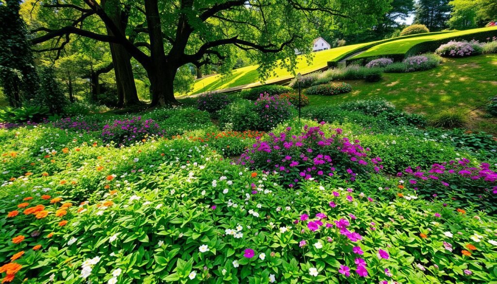 A lush, verdant garden scene showcasing the ideal conditions for thriving groundcover plants. In the foreground, a diverse array of low-growing, spreading Bodendecker species carpet the soil, their vibrant foliage and delicate blooms creating a tapestry of colors and textures. The middle ground features partially shaded areas with dappled sunlight filtering through the canopy of tall, mature trees, providing the sheltered, cool environment that many Bodendecker varieties prefer. In the background, a gently sloping hill is dotted with clusters of shade-tolerant perennials, hinting at the varied microclimates that can accommodate different Bodendecker types. The overall scene conveys a sense of tranquility, harmony, and the perfect marriage of plant and environment. A lush, verdant garden scene showcasing the ideal conditions for thriving groundcover plants. In the foreground, a diverse array of low-growing, spreading Bodendecker species carpet the soil, their vibrant foliage and delicate blooms creating a tapestry of colors and textures. The middle ground features partially shaded areas with dappled sunlight filtering through the canopy of tall, mature trees, providing the sheltered, cool environment that many Bodendecker varieties prefer. In the background, a gently sloping hill is dotted with clusters of shade-tolerant perennials, hinting at the varied microclimates that can accommodate different Bodendecker types. The overall scene conveys a sense of tranquility, harmony, and the perfect marriage of plant and environment.