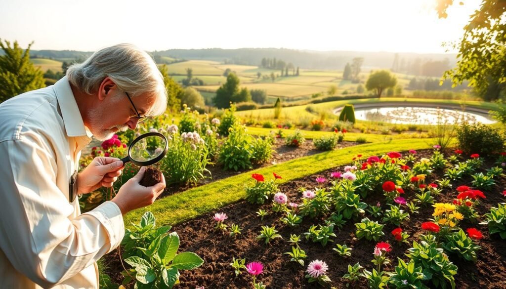 A lush, verdant garden scene showcasing the importance of "Standort und Bodenanalyse" for optimal plant selection. In the foreground, a botanist examines soil samples through a handheld magnifier, surrounded by diverse flora. The middle ground features a well-tended flowerbed, the plants thriving in the meticulously prepared soil. The background depicts a scenic landscape with rolling hills, a serene pond, and the warm glow of sunlight filtering through the trees. The composition emphasizes the harmony between careful analysis, soil preparation, and the resulting vibrant, healthy garden - a testament to the "Auswahlkriterien für optimale Gartenpflanzen". The image is captured with a wide-angle lens, conveying a sense of depth and tranquility. Pflanzen für den Garten - 2
