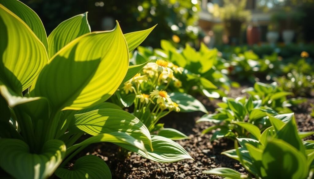 A lush, verdant garden scene, sunlight filtering through the leaves of a thriving Funkia (Hosta) plant. The large, vibrant green foliage dominates the foreground, casting soft shadows on the soil below. In the middle ground, a cluster of yellow and white funkie flowers bloom, their delicate petals catching the golden light. In the distance, a blurred backdrop of additional funkie plants in various stages of growth, hinting at the diversity and richness of this shade-loving perennial. The composition is captured with a shallow depth of field, creating a sense of focus and tranquility. This image conveys the beauty and common issues faced when cultivating these beloved garden staples.