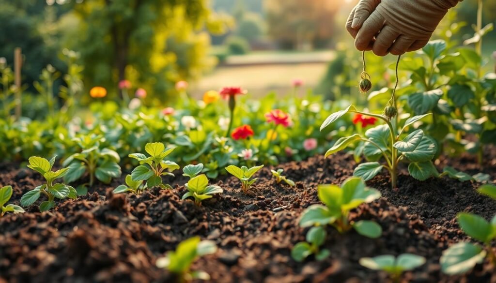 A lush, verdant garden scene with a focus on the soil and plant selection. In the foreground, a close-up of rich, dark soil being tended by a pair of gloved hands, revealing the importance of proper soil preparation. In the middle ground, a variety of healthy, thriving plants in various stages of growth, including colorful flowers and leafy foliage. The background features a serene landscape with a warm, golden light filtering through, creating a natural, tranquil atmosphere. The overall composition emphasizes the harmony between the careful selection of plants and the nurturing of the soil, conveying the optimal conditions for a summer garden.