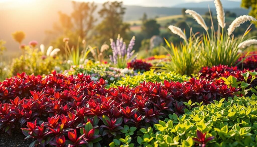 A lush, verdant garden scene with a focus on various ground cover plants, or "Bodendecker," against a warm, sun-drenched backdrop. In the foreground, an array of vibrant, low-growing foliage in shades of green, purple, and red cascades across the soil, showcasing the diverse textures and colors that characterize the "Auswahlkriterien" or selection criteria for ideal ground cover plants. The middle ground features a mix of flowering perennials and ornamental grasses, adding depth and visual interest to the composition. In the background, a softly blurred landscape of rolling hills or a serene woodland setting provides a natural, harmonious setting. Soft, diffused lighting bathes the scene, creating a warm, inviting atmosphere that highlights the lush, verdant qualities of the ground cover plants. A lush, verdant garden scene with a focus on various ground cover plants, or "Bodendecker," against a warm, sun-drenched backdrop. In the foreground, an array of vibrant, low-growing foliage in shades of green, purple, and red cascades across the soil, showcasing the diverse textures and colors that characterize the "Auswahlkriterien" or selection criteria for ideal ground cover plants. The middle ground features a mix of flowering perennials and ornamental grasses, adding depth and visual interest to the composition. In the background, a softly blurred landscape of rolling hills or a serene woodland setting provides a natural, harmonious setting. Soft, diffused lighting bathes the scene, creating a warm, inviting atmosphere that highlights the lush, verdant qualities of the ground cover plants.