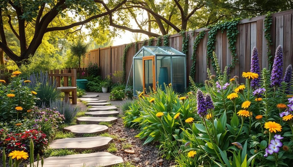 A lush, verdant garden scene with an emphasis on sustainable materials. In the foreground, a vibrant array of native plants and flowers in natural hues of green, purple, and yellow. Stepping stones of reclaimed wood meander through the space, leading the eye towards a focal point - perhaps a birdbath or a small water feature constructed from repurposed materials. In the middle ground, a compost bin or a greenhouse made of recycled glass and steel stands as a testament to eco-friendly gardening practices. The background reveals a charming wooden fence adorned with trailing vines, framing the scene with a sense of rustic harmony. Soft, natural lighting filters through the canopy of trees, casting a warm, inviting glow over the entire composition. The overall atmosphere conveys a tranquil, sustainable paradise - a garden that lives in balance with the surrounding environment.