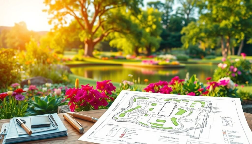 A lush, verdant garden with a detailed site analysis diagram overlaid. The foreground features a meticulous sketch of the plot, including soil composition, drainage patterns, and sunlight exposure. In the middle ground, neatly arranged landscaping tools and notebooks suggest an ongoing planning process. The background showcases a picturesque natural setting, with towering trees, blooming flowers, and a tranquil pond reflecting the serene atmosphere. Warm, diffused lighting casts a golden glow over the scene, creating a sense of harmony and thoughtful consideration. The overall mood evokes a carefully planned, environmentally conscious garden design.