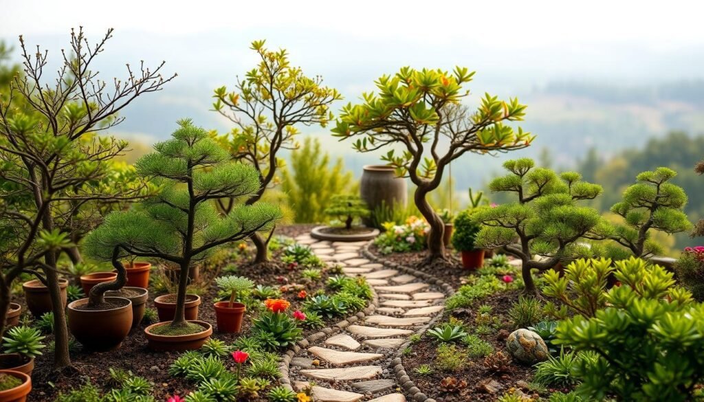 A lush, verdant garden with miniature trees and plants, meticulously curated to create a sense of harmony and tranquility. The foreground features a variety of potted bonsai and dwarf trees, their delicate branches and vibrant foliage adding depth and texture to the scene. In the middle ground, a carefully manicured path winds through a tapestry of low-growing flowers and succulents, their colors complementing the muted tones of the trees. The background is dominated by a soothing, out-of-focus landscape, hinting at the larger natural world that surrounds this intimate, meticulously designed space. The lighting is soft and diffuse, creating a warm, inviting atmosphere that draws the viewer in, fostering a sense of serene contemplation.