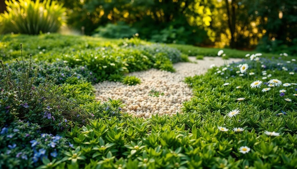 A lush, verdant ground cover showcasing the beauty of "Rasenersatz mit Bodendeckern". In the foreground, a tapestry of diverse, low-growing plants - cushion-like thymes, creeping Jenny's trailing vines, and vibrant blue-flowered veronicas. The middle ground features a mix of hardy, beige-hued sedums and fragrant chamomile, creating a soft, springy surface perfect for walking. The background gently recedes, revealing a dappled play of light and shadow, hinting at a tranquil, naturalistic garden setting. Warm, diffused lighting casts a gentle glow, highlighting the textural interplay of the ground cover plants. The overall composition conveys a sense of lush, low-maintenance beauty - an inviting, trittfeste alternative to traditional grass lawns. A lush, verdant ground cover showcasing the beauty of "Rasenersatz mit Bodendeckern". In the foreground, a tapestry of diverse, low-growing plants - cushion-like thymes, creeping Jenny's trailing vines, and vibrant blue-flowered veronicas. The middle ground features a mix of hardy, beige-hued sedums and fragrant chamomile, creating a soft, springy surface perfect for walking. The background gently recedes, revealing a dappled play of light and shadow, hinting at a tranquil, naturalistic garden setting. Warm, diffused lighting casts a gentle glow, highlighting the textural interplay of the ground cover plants. The overall composition conveys a sense of lush, low-maintenance beauty - an inviting, trittfeste alternative to traditional grass lawns.