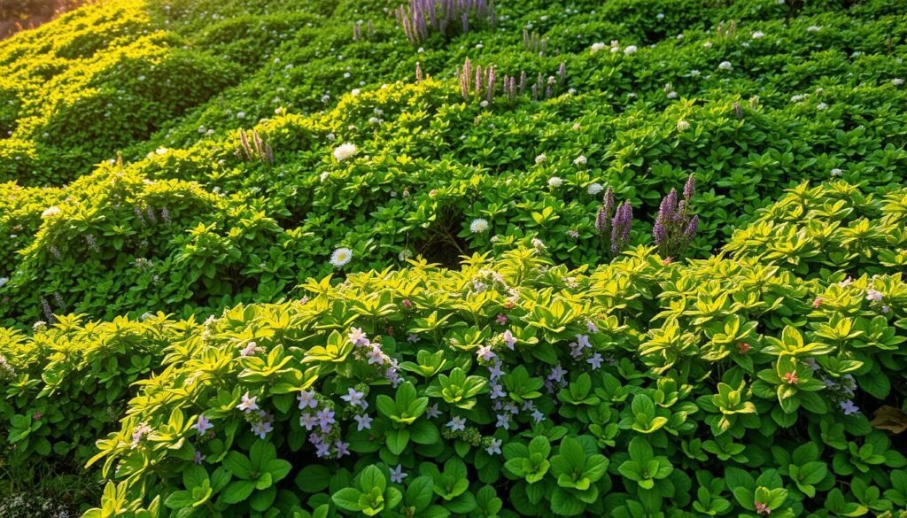A lush, verdant landscape filled with a variety of low-growing, spreading ground cover plants. In the foreground, clusters of vibrant green leaves and delicate, colorful flowers cascade over a gently sloping terrain. The middle ground features a mixture of different types of Bodendecker, each with its own unique texture and hue, creating a harmonious tapestry of natural beauty. The background is bathed in warm, golden sunlight, casting a soft, diffused glow over the scene. The overall mood is one of tranquility and serenity, inviting the viewer to pause and appreciate the beauty of these resilient, low-maintenance plants. A lush, verdant landscape filled with a variety of low-growing, spreading ground cover plants. In the foreground, clusters of vibrant green leaves and delicate, colorful flowers cascade over a gently sloping terrain. The middle ground features a mixture of different types of Bodendecker, each with its own unique texture and hue, creating a harmonious tapestry of natural beauty. The background is bathed in warm, golden sunlight, casting a soft, diffused glow over the scene. The overall mood is one of tranquility and serenity, inviting the viewer to pause and appreciate the beauty of these resilient, low-maintenance plants.