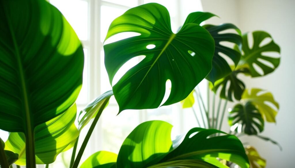 A lush, verdant monstera deliciosa plant, its large, glossy leaves unfurling in a sunlit, airy room. The plant is positioned in the foreground, its dramatic foliage commanding attention. In the middle ground, a geigenfeige (fiddle-leaf fig) adds texture and depth, its distinctive leaves providing a complementary visual contrast. The background features a neutral, minimalist decor, allowing the plants to be the stars of the scene. Soft, diffused lighting from a large window bathes the plants in a warm, natural glow, highlighting their vibrant green hues. The overall composition conveys a sense of tranquility and harmony, evoking the serenity of a lush, indoor oasis. A lush, verdant monstera deliciosa plant, its large, glossy leaves unfurling in a sunlit, airy room. The plant is positioned in the foreground, its dramatic foliage commanding attention. In the middle ground, a geigenfeige (fiddle-leaf fig) adds texture and depth, its distinctive leaves providing a complementary visual contrast. The background features a neutral, minimalist decor, allowing the plants to be the stars of the scene. Soft, diffused lighting from a large window bathes the plants in a warm, natural glow, highlighting their vibrant green hues. The overall composition conveys a sense of tranquility and harmony, evoking the serenity of a lush, indoor oasis.
