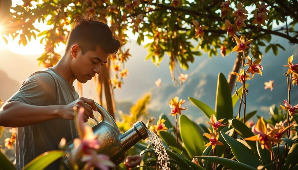 A lush, verdant oasis of exotic flora flourishes under the warm, golden light of the afternoon sun. Delicate orchids and vibrant bromeliads sway gently as a gentle breeze whispers through the verdant canopy. In the foreground, a gardener tenderly waters the thirsty plants, their focused gaze and nimble movements capturing the essence of careful cultivation. The background reveals a serene landscape, with distant mountains providing a stunning natural backdrop to this carefully curated garden. Soft, diffused shadows add depth and dimension, creating an immersive and visually captivating scene that perfectly encapsulates the beauty and artistry of growing exquisite, exotic blooms. A lush, verdant oasis of exotic flora flourishes under the warm, golden light of the afternoon sun. Delicate orchids and vibrant bromeliads sway gently as a gentle breeze whispers through the verdant canopy. In the foreground, a gardener tenderly waters the thirsty plants, their focused gaze and nimble movements capturing the essence of careful cultivation. The background reveals a serene landscape, with distant mountains providing a stunning natural backdrop to this carefully curated garden. Soft, diffused shadows add depth and dimension, creating an immersive and visually captivating scene that perfectly encapsulates the beauty and artistry of growing exquisite, exotic blooms.