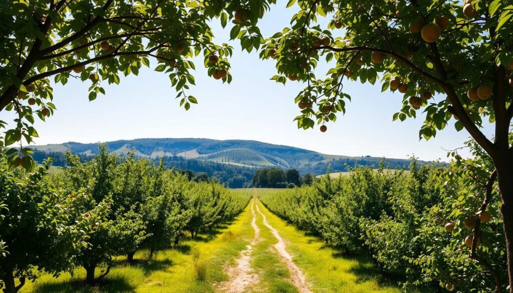 A lush, verdant orchard stands in the foreground, showcasing a diverse array of fruit trees in full bloom. The canopy of the "Obstbaum Sorten" (fruit tree varieties) casts a warm, dappled light across the scene, creating a serene and enchanting atmosphere. In the middle ground, a winding path meanders through the orchard, inviting the viewer to explore the bounty of nature. The background features rolling hills and a clear, azure sky, adding depth and dimension to the composition. Soft, directional lighting enhances the textures and colors of the fruit trees, highlighting their intricate details and the vibrant hues of their foliage. This image captures the beauty and wonder of the diverse world of "Obstbäume," perfectly complementing the introduction to the article's subject matter. A lush, verdant orchard stands in the foreground, showcasing a diverse array of fruit trees in full bloom. The canopy of the "Obstbaum Sorten" (fruit tree varieties) casts a warm, dappled light across the scene, creating a serene and enchanting atmosphere. In the middle ground, a winding path meanders through the orchard, inviting the viewer to explore the bounty of nature. The background features rolling hills and a clear, azure sky, adding depth and dimension to the composition. Soft, directional lighting enhances the textures and colors of the fruit trees, highlighting their intricate details and the vibrant hues of their foliage. This image captures the beauty and wonder of the diverse world of "Obstbäume," perfectly complementing the introduction to the article's subject matter.