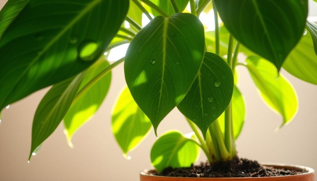A lush, verdant philodendron plant set against a soft, muted background. The leaves glisten with droplets of water, capturing the essence of hydration and healthy growth. Sunlight filters through a window, casting a warm, natural glow on the vibrant foliage. The composition focuses on the plant's root system and soil, showcasing the importance of proper watering and irrigation techniques. The overall mood is one of serenity and nurturing, inviting the viewer to explore the care and maintenance required for a thriving philodendron specimen.