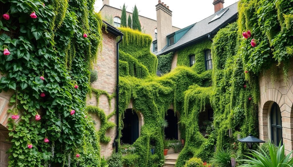 A lush, verdant scene featuring a harmonious blend of historical and modern vertical gardens. In the foreground, a captivating tapestry of cascading vines, trailing plants, and vibrant blooms adorns the walls, creating a stunning living tapestry. The middle ground showcases a juxtaposition of traditional stone and brick structures with sleek, contemporary architectural elements, all seamlessly integrated with the greenery. In the background, a soft, diffused natural light bathes the scene, evoking a serene and inviting atmosphere. The overall composition celebrates the timeless beauty of vertical gardening, where the past and present seamlessly coexist in a verdant, harmonious display.
