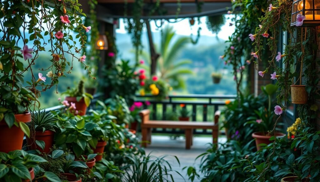 A lush, verdant terrace filled with an abundance of thriving plants and flowers, creating a serene, natural oasis. Potted houseplants, trailing vines, and vibrant blooms adorn the space, with soft, diffused lighting casting a warm, inviting glow. The foreground showcases a variety of foliage in shades of green, with delicate petals in hues of pink, purple, and yellow adding pops of color. In the middle ground, a wooden bench or patio furniture provides a comfortable place to relax and enjoy the tranquil ambiance. The background features a blurred, out-of-focus view of the surrounding landscape, suggesting a peaceful, secluded setting. The overall scene conveys a sense of harmony, where the natural elements seamlessly blend together to form a lush, inviting terrace sanctuary. A lush, verdant terrace filled with an abundance of thriving plants and flowers, creating a serene, natural oasis. Potted houseplants, trailing vines, and vibrant blooms adorn the space, with soft, diffused lighting casting a warm, inviting glow. The foreground showcases a variety of foliage in shades of green, with delicate petals in hues of pink, purple, and yellow adding pops of color. In the middle ground, a wooden bench or patio furniture provides a comfortable place to relax and enjoy the tranquil ambiance. The background features a blurred, out-of-focus view of the surrounding landscape, suggesting a peaceful, secluded setting. The overall scene conveys a sense of harmony, where the natural elements seamlessly blend together to form a lush, inviting terrace sanctuary.