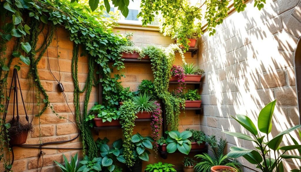 A lush, verdant wall garden nestled in a serene, sun-dappled courtyard. Trailing vines and cascading foliage adorn the carefully planned vertical structure, creating a soothing, natural ambiance. Vibrant, diverse plant life emerges from meticulously arranged shelves and planters, their hues complementing the warm, earthy tones of the weathered stone walls. Soft, diffused light filters through the canopy above, casting gentle shadows that accentuate the garden's depth and harmony. A tranquil oasis, this vertical sanctuary offers a harmonious blend of form and function, inviting one to pause and immerse themselves in the beauty of a thoughtfully designed, urban green space.