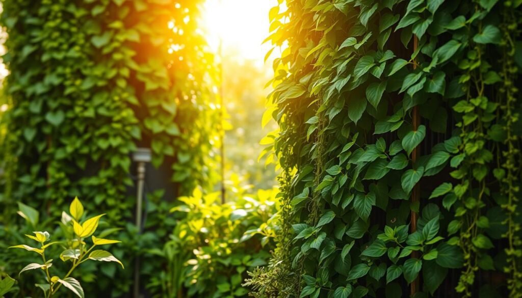 A lush, verdant wall garden set against a bright, sunlit backdrop. The foreground features a variety of thriving plants cascading down the vertical surface, their vibrant green foliage creating a sense of depth and texture. The middle ground showcases a well-designed irrigation system supporting the flourishing vegetation. In the background, a warm, golden light filters through the leaves, casting gentle shadows and illuminating the scene with a serene, tranquil ambiance. The composition emphasizes the bountiful, space-saving benefits of a vertical garden, inviting the viewer to imagine the transformative potential of this sustainable, urban-friendly solution.