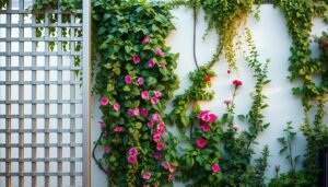 A lush, vertical garden adorned with a variety of climbing plants and modern, minimalist trellis structures. The foreground features sleek, metallic lattices in a muted silver hue, perfectly complementing the vibrant foliage that cascades down their frames. In the middle ground, a mix of vining plants, such as ivy, morning glories, and climbing roses, wind their way up the trellis, creating a captivating interplay of textures and colors. The background showcases a clean, contemporary garden setting, with a soothing neutral palette and a hint of natural stone or concrete surfaces. The lighting is soft and diffused, casting a warm, golden glow that enhances the natural beauty of the vertical garden. Capture the essence of modern, space-saving gardening with this striking, minimalist yet lush vertical landscape.