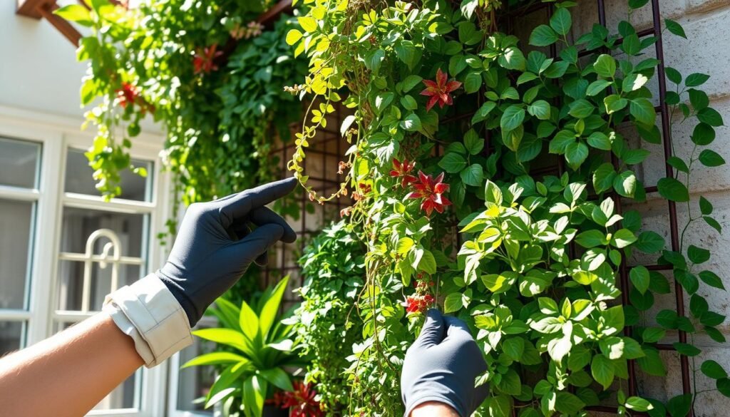 A lush vertical garden adorns a cozy nook, with vibrant foliage cascading down the structured trellis framework. Sunlight filters through the canopy, casting soft shadows and illuminating the diverse array of plants. The scene exudes a sense of tranquility and natural harmony, showcasing the meticulous care and attention required to maintain this thriving oasis. In the foreground, a gardener's gloved hands tenderly prune and shape the verdant greenery, their actions reflecting the dedication and skill needed to nurture a vertical garden. The overall composition captures the essence of the "Wartung und Pflege des vertikalen gartens" section, inviting the viewer to imagine the process of cultivating and sustaining this vibrant, space-saving living artwork.