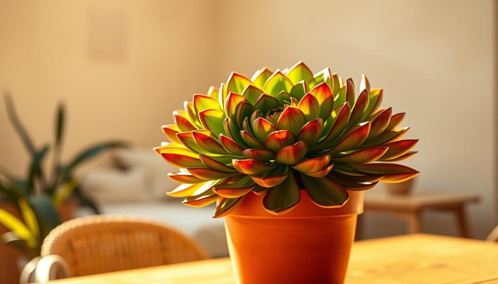 A lush, vibrant Aeonium plant in a terracotta pot, sitting on a wooden table bathed in warm, golden sunlight. The succulent's thick, fleshy leaves radiate an otherworldly glow, their hues ranging from deep emerald to burnished bronze. In the background, a minimalist, earthy-toned interior setting with natural textures and neutrals creates a calming, serene ambiance. The image is captured with a shallow depth of field, emphasizing the intricate details and shapes of the Aeonium's intricate rosette structure. Soft, diffused lighting highlights the plant's tactile, sculptural qualities, inviting the viewer to appreciate its long-term care and resilience.