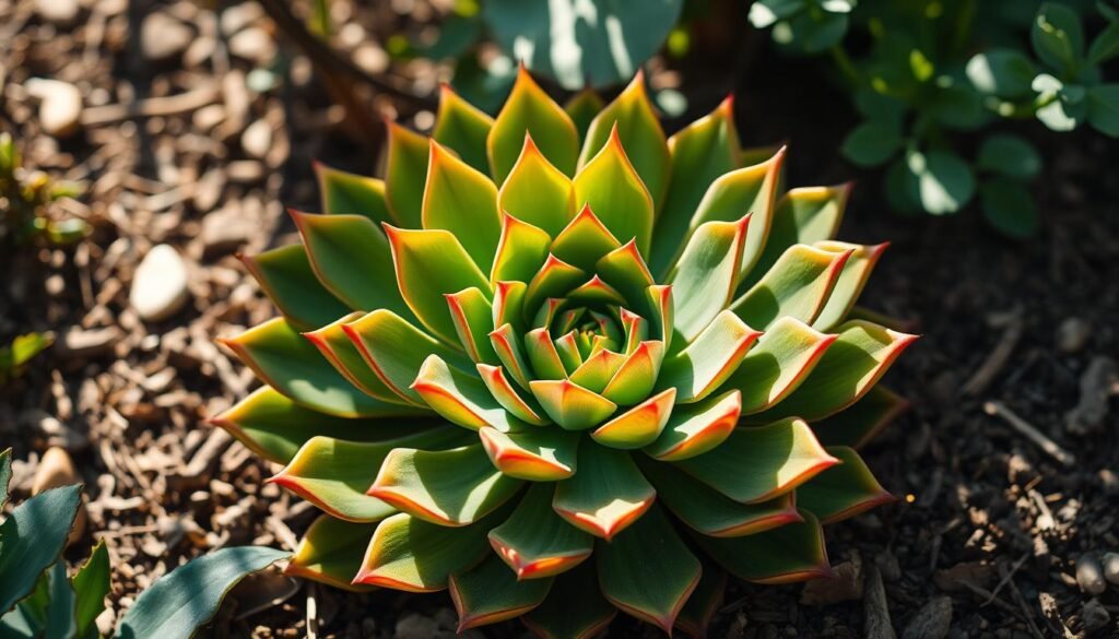 A lush, vibrant Aeonium plant nestled in a sun-dappled garden setting. The succulent's fleshy rosette leaves radiate outwards, their tips tinged with a warm, golden hue. Soft, diffused natural light filters through the surrounding foliage, casting gentle shadows that highlight the plant's sculptural silhouette. The background features a harmonious blend of earthy tones, with hints of verdant greenery peeking through. The overall composition conveys a sense of tranquility and balance, inviting the viewer to appreciate the Aeonium's beauty and optimal growing conditions.
