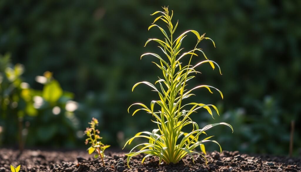 A lush, vibrant Drachenbaum Glücksbambus stands tall, its long, slender stalks rising gracefully from a well-tended soil bed. Delicate, arched leaves sway gently in the warm, soft light, creating a serene, calming atmosphere. The plant is positioned in the center of the frame, bathed in natural illumination that casts subtle shadows and highlights the plant's intricate textures. In the background, a muted, blurred foliage creates a sense of depth, while the overall composition balances the subject within its natural, harmonious setting.