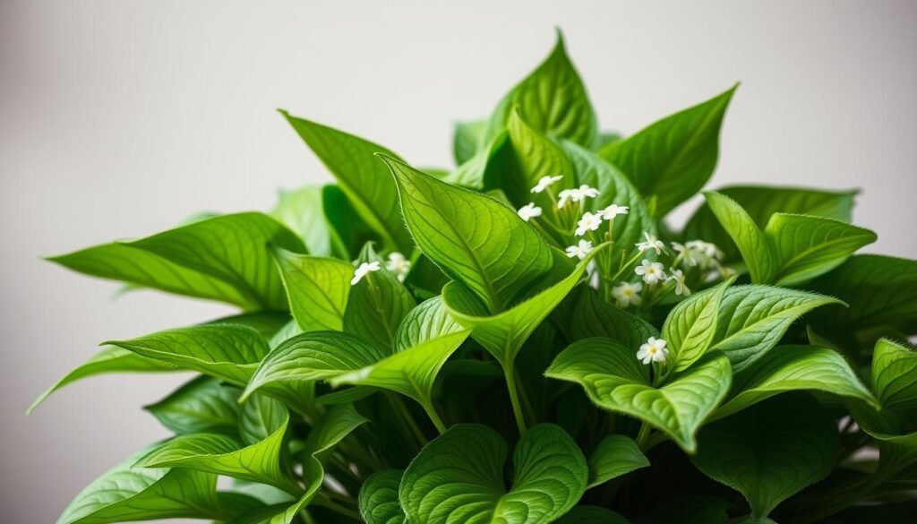 A lush, vibrant Funkien plant in full bloom, its broad, verdant leaves unfurling gracefully against a soft, muted background. The plant is captured in gentle, natural lighting, showcasing its intricate leaf patterns and delicate, white flowers. The composition features a close-up view, emphasizing the plant's detailed texture and form. The overall mood is serene and tranquil, inviting the viewer to appreciate the beauty and delicacy of this versatile, shade-loving perennial. The image should convey the step-by-step process of dividing and transplanting Funkien plants, reflecting the article's focus on the proper care and propagation of these charming, low-maintenance garden favorites.