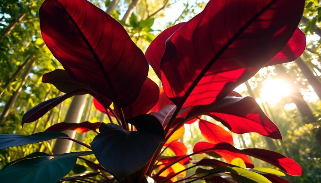 A lush, vibrant Philodendron Artenvielfalt plant nestled in a sun-dappled forest clearing. Its large, glossy, burgundy-hued leaves unfurl gracefully, creating a stunning focal point. The plant is photographed from a low angle, emphasizing its majestic presence. Warm, diffused lighting filters through the canopy, casting a gentle glow on the plant's foliage. The background is softly blurred, drawing the viewer's attention to the intricate details and rich coloration of the Philodendron. The composition evokes a sense of tranquility and the natural beauty of this stunning tropical plant.