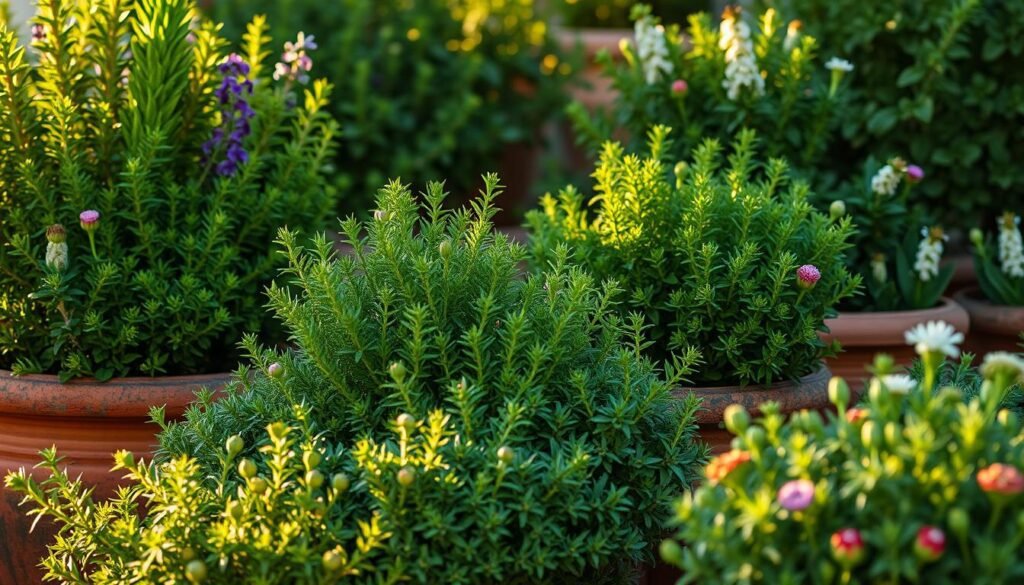 A lush, vibrant arrangement of evergreen Mediterranean plants, their verdant foliage casting a soft, ethereal glow under the warm, golden light of the sun. The scene is framed by the rich, earthy tones of weathered terracotta pots, their weathered surfaces adding a sense of timeless charm. The dense, aromatic greenery fills the air with the distinctive scent of herbs and flowers, evoking the essence of the Mediterranean region. The composition is balanced, with the plants occupying the foreground and middle ground, while the background is slightly blurred, allowing the viewer to focus on the captivating details of the foreground. The overall atmosphere is one of serene tranquility and sensory delight, perfectly capturing the unique character of Mediterranean plants. A lush, vibrant arrangement of evergreen Mediterranean plants, their verdant foliage casting a soft, ethereal glow under the warm, golden light of the sun. The scene is framed by the rich, earthy tones of weathered terracotta pots, their weathered surfaces adding a sense of timeless charm. The dense, aromatic greenery fills the air with the distinctive scent of herbs and flowers, evoking the essence of the Mediterranean region. The composition is balanced, with the plants occupying the foreground and middle ground, while the background is slightly blurred, allowing the viewer to focus on the captivating details of the foreground. The overall atmosphere is one of serene tranquility and sensory delight, perfectly capturing the unique character of Mediterranean plants.