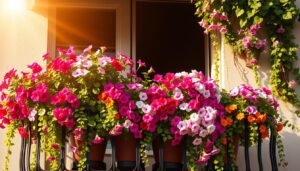 A lush, vibrant balcony filled with a variety of blooming potted flowers basking in the warm, golden sunlight. Colorful geraniums, petunias, and trailing vines cascade over the railing, creating a picturesque display. The scene is bathed in a soft, diffused glow, highlighting the delicate petals and verdant foliage. The balcony is surrounded by a wrought-iron frame, adding a touch of elegant sophistication to the composition. The overall mood is one of tranquility and joy, inviting the viewer to step out and admire the beautiful display.