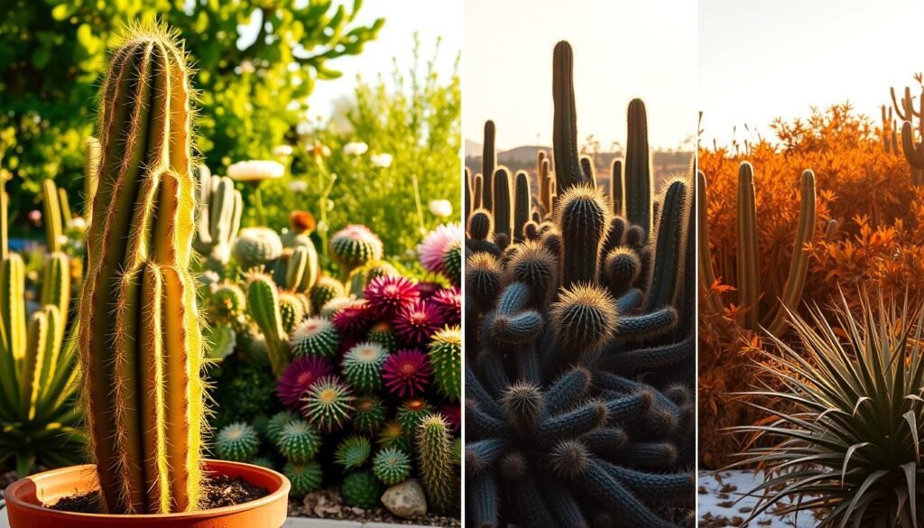 A lush, vibrant cactus garden in four seasons. In the foreground, a potted cactus stands tall, its thick, waxy leaves catching the warm, golden sunlight. In the middle ground, a cluster of diverse cacti in varying hues of green, purple, and red dot the scene, their spines glistening. Beyond, the background shifts through the year - in spring, delicate flowers bloom, in summer the plants bask in the bright, cloudless sky, in autumn the foliage turns warm and rustic, and in winter, a light dusting of snow covers the ground. The composition is balanced, with a sense of depth and movement, capturing the cyclical nature of cactus care through the seasons. A lush, vibrant cactus garden in four seasons. In the foreground, a potted cactus stands tall, its thick, waxy leaves catching the warm, golden sunlight. In the middle ground, a cluster of diverse cacti in varying hues of green, purple, and red dot the scene, their spines glistening. Beyond, the background shifts through the year - in spring, delicate flowers bloom, in summer the plants bask in the bright, cloudless sky, in autumn the foliage turns warm and rustic, and in winter, a light dusting of snow covers the ground. The composition is balanced, with a sense of depth and movement, capturing the cyclical nature of cactus care through the seasons.