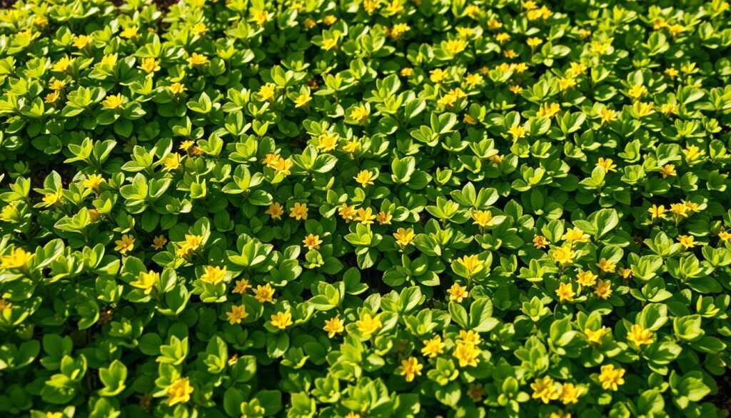 A lush, vibrant carpet of verdant "Bodendecker Sorten Sonne" groundcover cascades across a sun-drenched landscape. The foliage, composed of delicate, overlapping leaves, glistens in the warm, golden light, creating an inviting, low-maintenance ground cover perfect for sunny garden beds and borders. Clusters of tiny, cheerful flowers in shades of yellow and orange dot the greenery, adding pops of color and texture. The scene is framed by a soft, diffused background, allowing the groundcover to take center stage and showcase its versatility and resilience in thriving in sunny, exposed conditions. A lush, vibrant carpet of verdant "Bodendecker Sorten Sonne" groundcover cascades across a sun-drenched landscape. The foliage, composed of delicate, overlapping leaves, glistens in the warm, golden light, creating an inviting, low-maintenance ground cover perfect for sunny garden beds and borders. Clusters of tiny, cheerful flowers in shades of yellow and orange dot the greenery, adding pops of color and texture. The scene is framed by a soft, diffused background, allowing the groundcover to take center stage and showcase its versatility and resilience in thriving in sunny, exposed conditions.