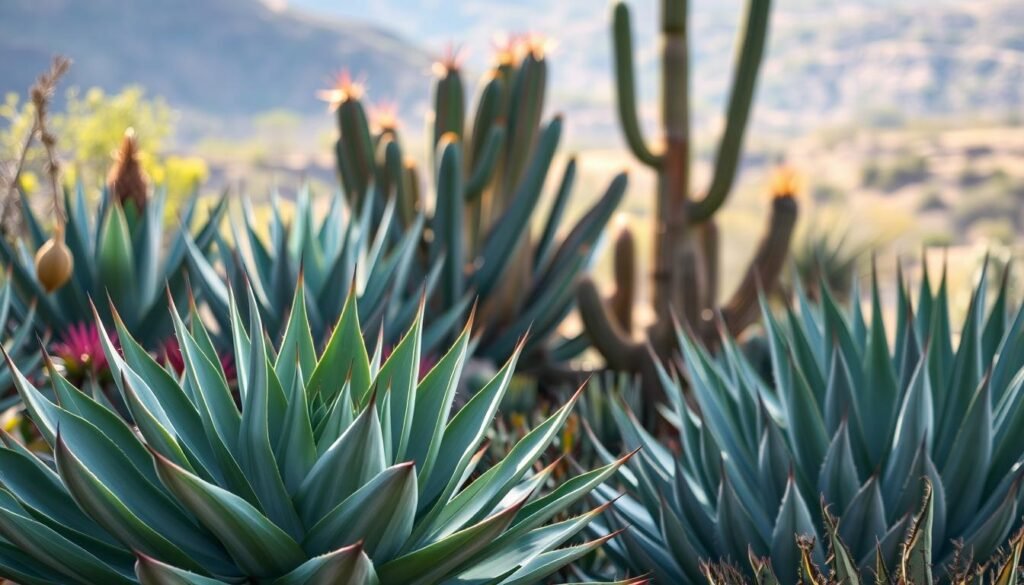 A lush, vibrant display of various agave species against a softly blurred natural backdrop. In the foreground, detailed close-ups showcase the distinctive shapes, textures, and colors of several agave varieties, including the broad, spiky leaves and the central rosette formation. The middle ground features a grouping of larger, mature agave plants, their thick, sculptural stems anchoring the composition. The background gently fades into a hazy, sun-dappled landscape, hinting at the natural environment where these remarkable succulents thrive. The overall scene radiates a sense of tranquility, inviting the viewer to appreciate the inherent beauty and diversity of these remarkable desert plants.