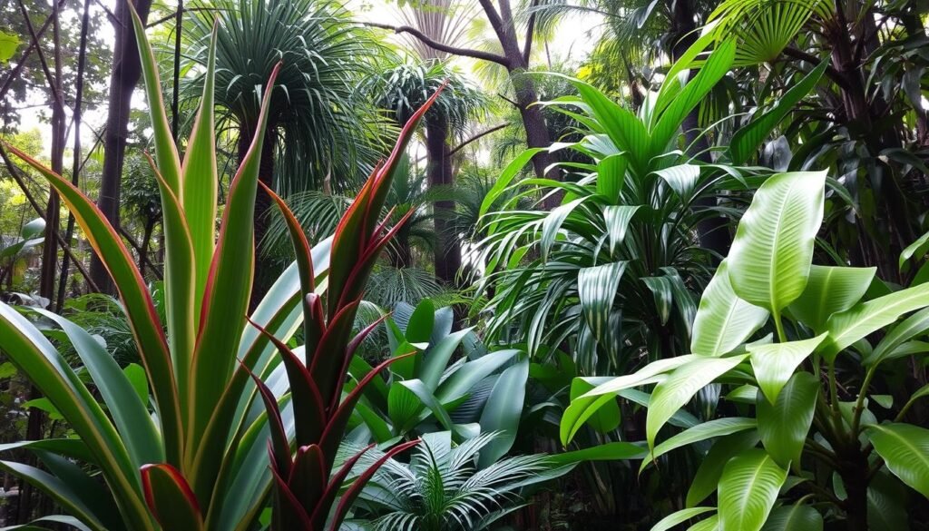 A lush, vibrant forest setting, with a variety of Dracaena species prominently displayed. In the foreground, a towering Dracaena marginata with its distinctive red-edged leaves stands tall, while in the middle ground, a Dracaena fragrans 'Massangeana' with its broad, cascading foliage adds depth. In the background, a Dracaena deremensis 'Warneckii' with its variegated green and white leaves provides a complementary contrast. Soft, diffused lighting filters through the canopy, casting gentle shadows and highlights that accentuate the unique textures and shapes of each plant. The overall scene conveys a sense of lush, tropical serenity, highlighting the diverse care requirements and visual characteristics of these captivating Dracaena species.