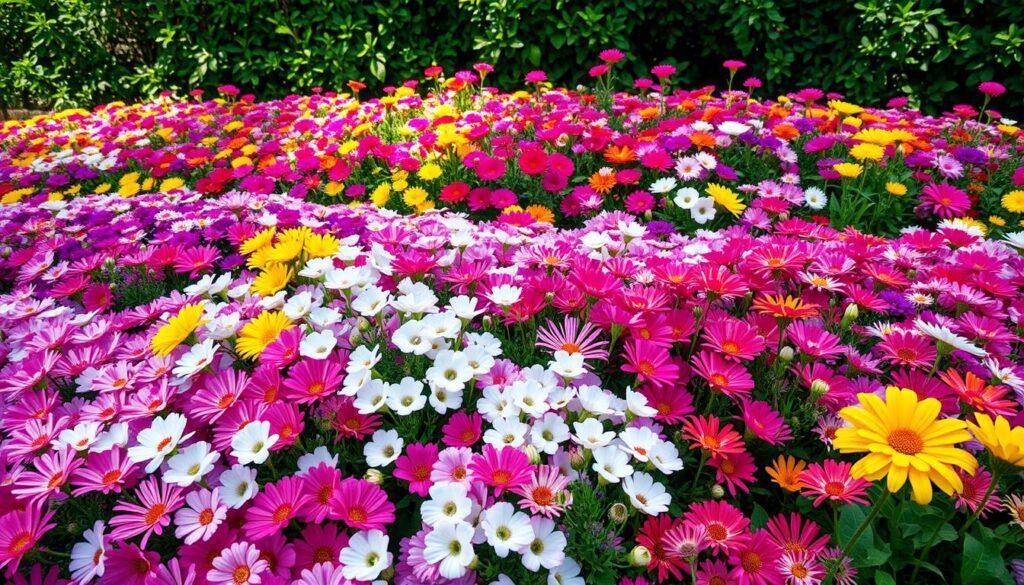 A lush, vibrant garden bed filled with a harmonious blend of colorful flowers. In the foreground, a tapestry of petals in shades of pink, purple, and white create a captivating display. The middle ground features pops of yellow and orange, adding depth and energy to the composition. The background is a verdant backdrop of foliage, casting a soft, natural light across the scene. The overall arrangement showcases a masterful use of color, texture, and form, inviting the viewer to immerse themselves in this enchanting floral oasis. Captured with a wide-angle lens, the image conveys a sense of abundance and vibrancy, perfectly capturing the essence of a harmonious flower bed.