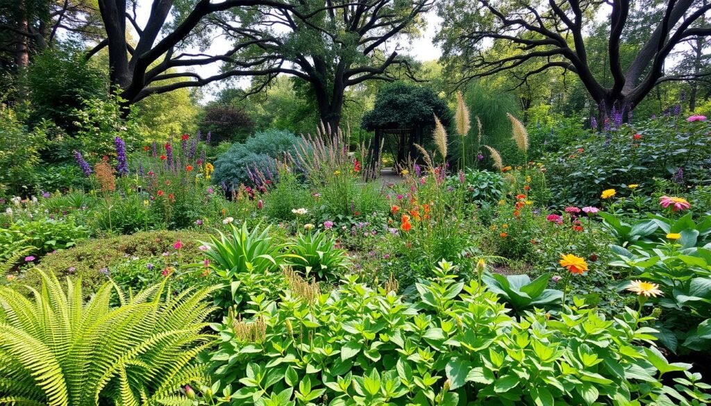 A lush, vibrant garden filled with a diverse array of native plants. The foreground features a variety of leafy green foliage, including ferns, wildflowers, and low-growing groundcover. In the middle ground, larger perennials and shrubs sway gently in a soft breeze, their blooms bursting with color. The background showcases a mix of mature trees, their branches casting a dappled pattern of light and shadow across the scene. The lighting is soft and natural, giving the image a serene, peaceful atmosphere. Captured with a wide-angle lens to showcase the abundant biodiversity of this carefully curated, naturalistic landscape.