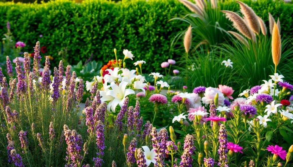 A lush, vibrant garden filled with a harmonious blend of fragrant plants. In the foreground, a selection of aromatic herbs like rosemary, lavender, and thyme intermingle, their delicate blooms softly illuminated by the warm, golden light of the afternoon sun. In the middle ground, a cluster of colorful, fragrant flowers such as lilies, peonies, and jasmine sway gently in a light breeze, their sweet scents mingling together. In the background, a row of verdant, leafy shrubs and ornamental grasses add depth and texture to the scene, creating a serene, natural atmosphere. The overall composition evokes a sense of tranquility and the joy of surrounding oneself with nature's most captivating fragrances.