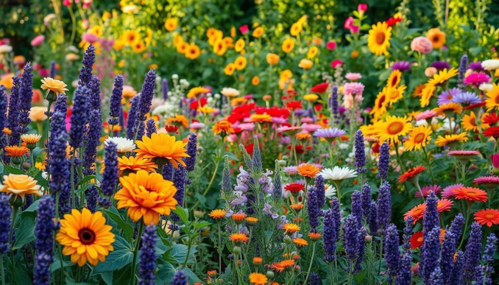 A lush, vibrant garden filled with a variety of blooming flowers and plants, creating a serene and inviting atmosphere. In the foreground, a vibrant assortment of popular garden varieties such as roses, lavender, and sunflowers stand tall, their petals catching the warm, soft lighting that bathes the scene. In the middle ground, a mix of colorful perennials and annuals sway gently in a light breeze, their hues complementing each other in a harmonious display. The background features a backdrop of verdant foliage, providing a natural framing for the picturesque garden. The entire composition is captured with a wide-angle lens, giving a sense of depth and immersion, inviting the viewer to step into this enchanting, quintessential garden oasis.