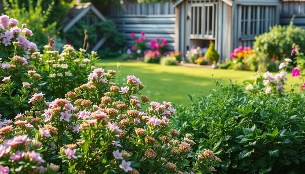 A lush, vibrant garden filled with thriving plants and verdant foliage. In the foreground, an array of diverse, healthy shrubs in full bloom, their delicate petals glistening in the soft, warm sunlight. The middle ground showcases a well-manicured lawn, dotted with colorful flowers that sway gently in a light breeze. In the background, a wooden shed or greenhouse stands, its weathered walls providing a rustic contrast to the vibrant greenery. The scene conveys a sense of tranquility and harmony, inviting the viewer to immerse themselves in the serene, serene atmosphere of a well-cared-for garden. The overall lighting is natural and diffused, creating a soft, inviting ambiance that highlights the beauty of the gardening tips presented.