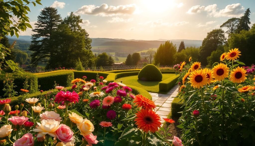 A lush, vibrant garden in full summer bloom, capturing the essence of "Blütenpracht Pflege". In the foreground, a profusion of colorful flowers - delicate petals of roses, vibrant dahlias, and cheerful sunflowers - arranged in a harmonious display. The middle ground features neatly pruned hedges and well-tended garden beds, with a stone path leading the eye deeper into the scene. The background showcases a picturesque landscape, with rolling hills, towering trees, and a clear blue sky dotted with fluffy white clouds. Warm, golden sunlight filters through the foliage, casting a soft, inviting glow over the entire composition. The overall mood is one of tranquility, beauty, and the careful, loving attention given to the summer garden.