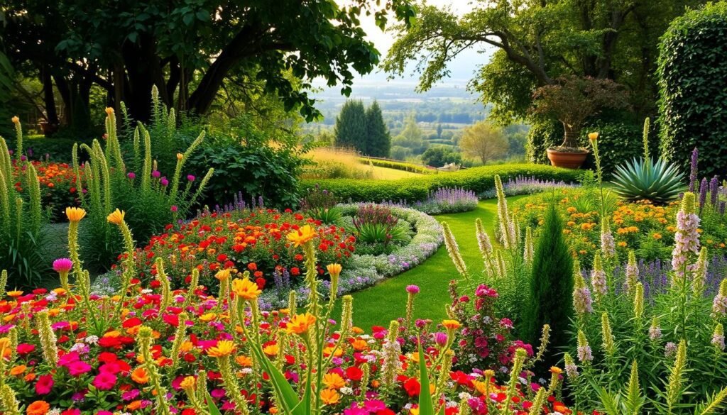 A lush, vibrant garden landscape with a harmonious arrangement of diverse, thriving plants. In the foreground, a lush array of colorful flowers and greenery, meticulously curated to create a captivating visual display. The middle ground features a mix of larger shrubs and trees, providing depth and structure to the scene. The background showcases a serene vista, perhaps with a glimpse of a garden path or a wooden fence, framing the natural beauty. Warm, diffused lighting bathes the entire composition, casting soft shadows and highlighting the textures and hues of the plants. The overall mood is one of tranquility, inspiration, and a celebration of the beauty of the natural world. A lush, vibrant garden landscape with a harmonious arrangement of diverse, thriving plants. In the foreground, a lush array of colorful flowers and greenery, meticulously curated to create a captivating visual display. The middle ground features a mix of larger shrubs and trees, providing depth and structure to the scene. The background showcases a serene vista, perhaps with a glimpse of a garden path or a wooden fence, framing the natural beauty. Warm, diffused lighting bathes the entire composition, casting soft shadows and highlighting the textures and hues of the plants. The overall mood is one of tranquility, inspiration, and a celebration of the beauty of the natural world.