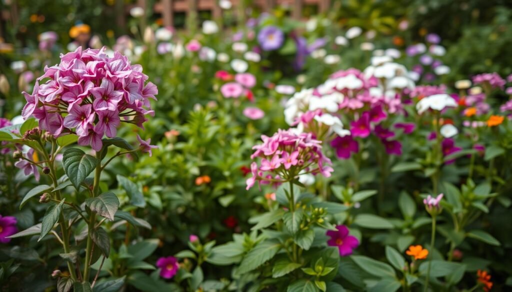 A lush, vibrant garden overflowing with a harmonious combination of flowering plants. In the foreground, a cluster of colorful blooms in shades of pink, purple, and white sway gently in the light breeze. The middle ground features a mix of foliage plants, their verdant leaves creating a natural tapestry. In the background, a subtle hint of a wooden fence or trellis frames the scene, adding depth and a sense of enclosure. The lighting is soft and diffused, creating a warm, inviting atmosphere that accentuates the natural beauty of the plants. Captured through a wide-angle lens, the scene conveys a sense of abundance and tranquility, perfectly reflecting the "Tipps zur Kombination von Gartenpflanzen" section of the article.