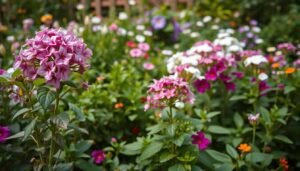 A lush, vibrant garden overflowing with a harmonious combination of flowering plants. In the foreground, a cluster of colorful blooms in shades of pink, purple, and white sway gently in the light breeze. The middle ground features a mix of foliage plants, their verdant leaves creating a natural tapestry. In the background, a subtle hint of a wooden fence or trellis frames the scene, adding depth and a sense of enclosure. The lighting is soft and diffused, creating a warm, inviting atmosphere that accentuates the natural beauty of the plants. Captured through a wide-angle lens, the scene conveys a sense of abundance and tranquility, perfectly reflecting the "Tipps zur Kombination von Gartenpflanzen" section of the article.