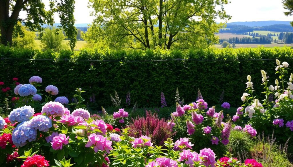 A lush, vibrant garden scene depicting a well-planned "Heckenpflanzung" (hedge planting). In the foreground, a diverse array of blooming shrubs, including hydrangeas, lilacs, and rhododendrons, create a colorful tapestry. The middle ground showcases a neatly trimmed hedge, its verdant foliage providing a natural backdrop. Dappled sunlight filters through the canopy, casting a warm, inviting glow. The background features a serene, pastoral landscape with rolling hills and a distant tree line. The overall composition conveys a sense of harmony, showcasing the beauty and practicality of thoughtfully designed garden landscapes. A lush, vibrant garden scene depicting a well-planned "Heckenpflanzung" (hedge planting). In the foreground, a diverse array of blooming shrubs, including hydrangeas, lilacs, and rhododendrons, create a colorful tapestry. The middle ground showcases a neatly trimmed hedge, its verdant foliage providing a natural backdrop. Dappled sunlight filters through the canopy, casting a warm, inviting glow. The background features a serene, pastoral landscape with rolling hills and a distant tree line. The overall composition conveys a sense of harmony, showcasing the beauty and practicality of thoughtfully designed garden landscapes.