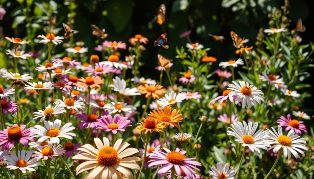 A lush, vibrant garden scene in warm summer light. In the foreground, a diverse array of blooming flowers sway gently in a light breeze, their petals shimmering with morning dew. Bees flit from blossom to blossom, their fuzzy bodies covered in pollen as they gather nectar. In the middle ground, delicate butterflies in a rainbow of colors flutter among the flowers, their fragile wings catching the sunlight. The background features a backdrop of verdant foliage, with dappled shadows playing across the scene. An overall atmosphere of natural beauty, tranquility, and the mutually beneficial relationship between plants, pollinators, and their environment.