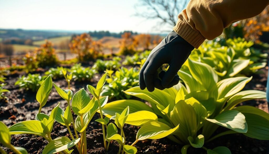 A lush, vibrant garden scene showcasing the care and cultivation of Funkien (Hosta) plants during the spring and autumn seasons. In the foreground, a gardener's gloved hands tenderly transplant young Funkien shoots, their vibrant green leaves unfurling. The middle ground features a flourishing bed of established Funkien plants, their broad, textured foliage catching the warm, golden light of the sun. In the background, a picturesque landscape unfolds, with rolling hills, a distant tree line, and a clear, azure sky overhead. The overall atmosphere evokes a sense of tranquility, diligence, and the cyclical beauty of nature's rhythms. Prompt