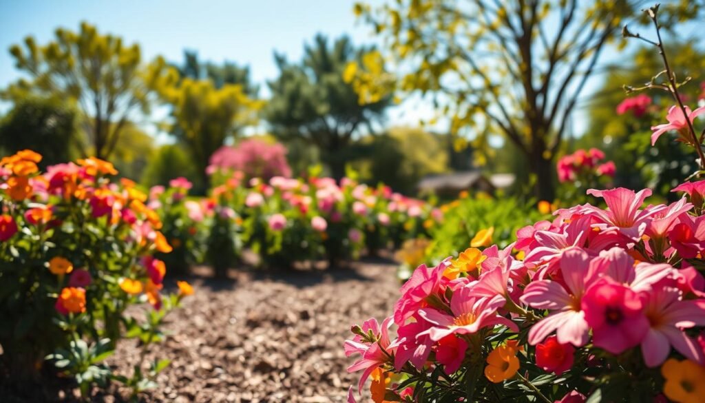 A lush, vibrant garden scene showcasing the optimal growing conditions for blooming shrubs. The foreground features a variety of colorful flowering bushes, their petals gently swaying in a soft breeze. The middle ground depicts a well-tended garden bed with rich, loamy soil and verdant foliage. In the background, a harmonious blend of sun-dappled trees and a clear, azure sky creates a serene, naturalistic atmosphere. The lighting is warm and natural, emphasizing the vivid hues of the blooms. The composition is balanced and visually striking, capturing the essence of the "best flowering shrubs for your garden" in a captivating, photorealistic manner. A lush, vibrant garden scene showcasing the optimal growing conditions for blooming shrubs. The foreground features a variety of colorful flowering bushes, their petals gently swaying in a soft breeze. The middle ground depicts a well-tended garden bed with rich, loamy soil and verdant foliage. In the background, a harmonious blend of sun-dappled trees and a clear, azure sky creates a serene, naturalistic atmosphere. The lighting is warm and natural, emphasizing the vivid hues of the blooms. The composition is balanced and visually striking, capturing the essence of the "best flowering shrubs for your garden" in a captivating, photorealistic manner.